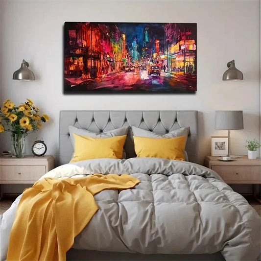 Vibrant Neon-Lit Street Scene Wall Art Canvas Office Home Room Framed 80x45cm