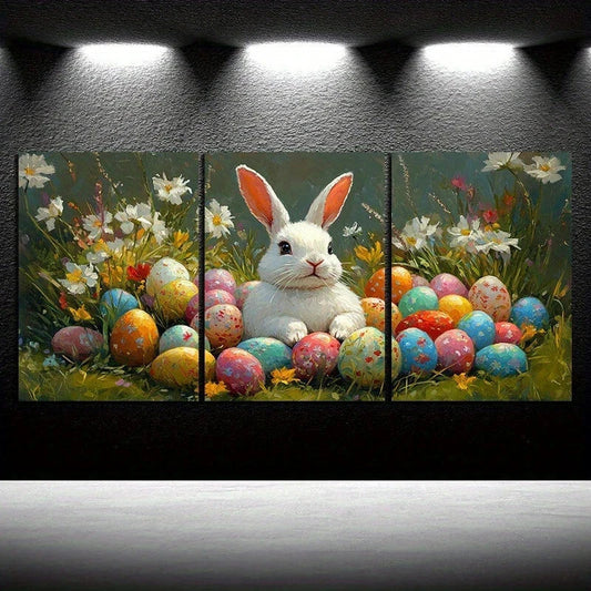 3pcs Nature Colourful Eggs White Flowers Metal Print Ready to Hang Art