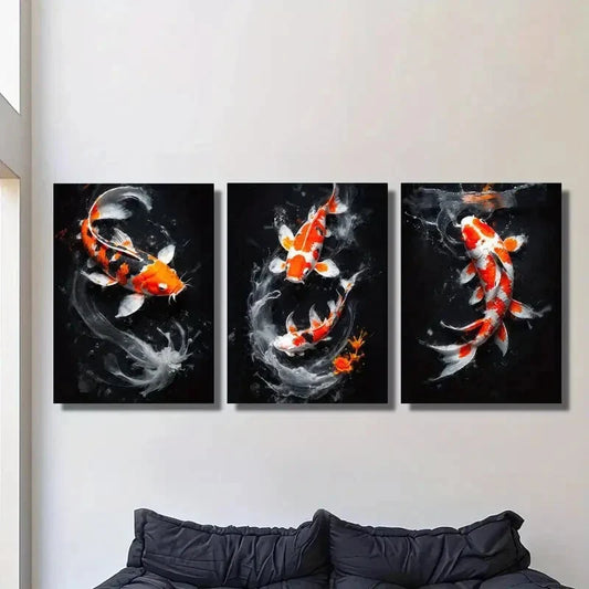 3pcs Koi Fish In Dark Background Metal Print Ready to Hang Art
