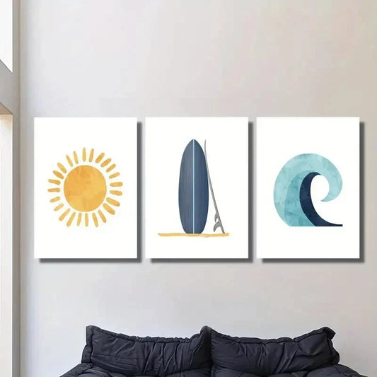 3pcs blue surfboard art, wave abstract shape, Metal Print Ready to Hang Art