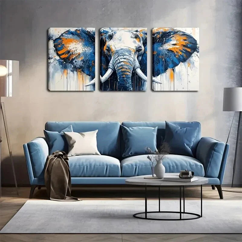 3pcs Vintage Elephant Vibrant Blue & Orange Metal Print Ready to Hang Art