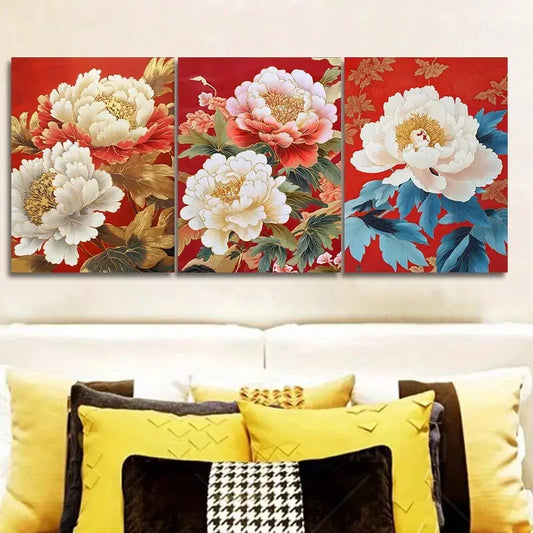 3pcs Luxurious Peony Flower Painting, Wall Art Set Canvas Framed 40x60cm - High Quality Print 100% Australian Made Wall Canvas Ready to Hang