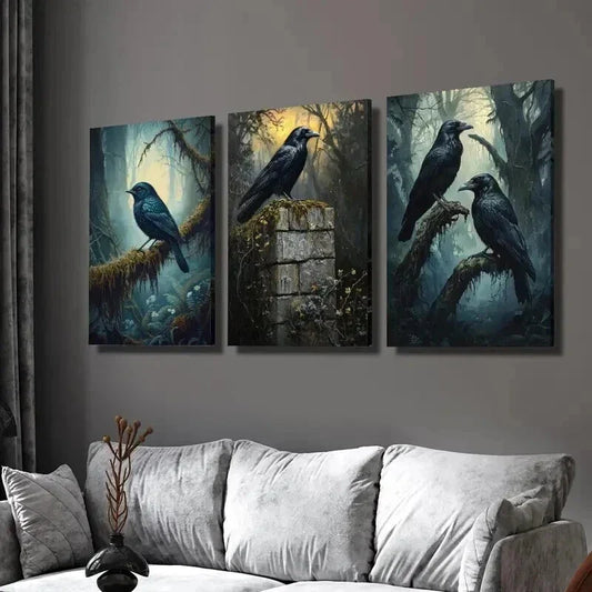 3pcs Gothic Forest Triptych with Crow Wall Art Set Canvas Framed 40x60cm - High Quality Print 100% Australian Made Wall Canvas Ready to Hang