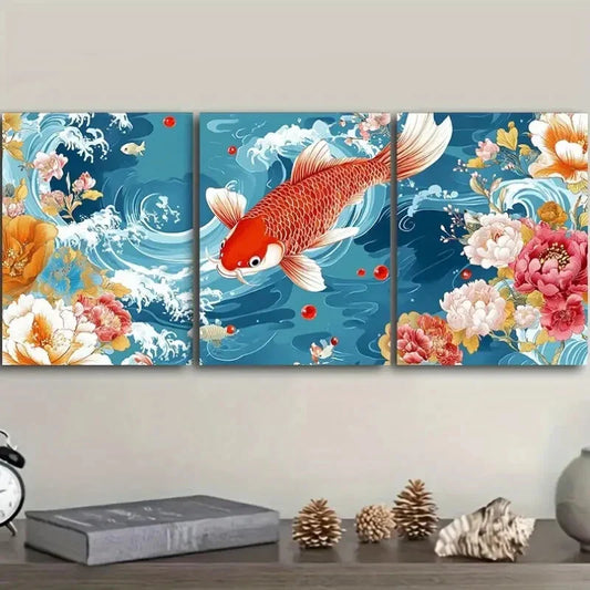 3pcs wo Red and White Carp, Luxurious Metal Print Ready to Hang Art
