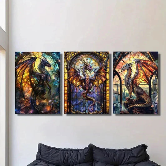 3pcs Science Fiction Stained Glass Window Metal Print Ready to Hang Art