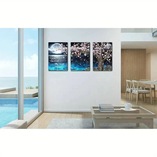 3pcs Blue Ocean Tree Moon Metal Print Ready to Hang Art