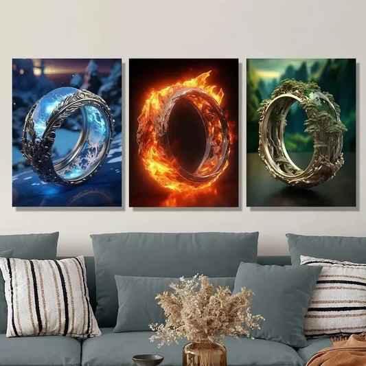 3pcs Fantasy blue ring, burning fire ring,  Metal Print Ready to Hang Art