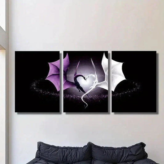 3pcs beautiful love purple and white dragon, Metal Print Ready to Hang Art
