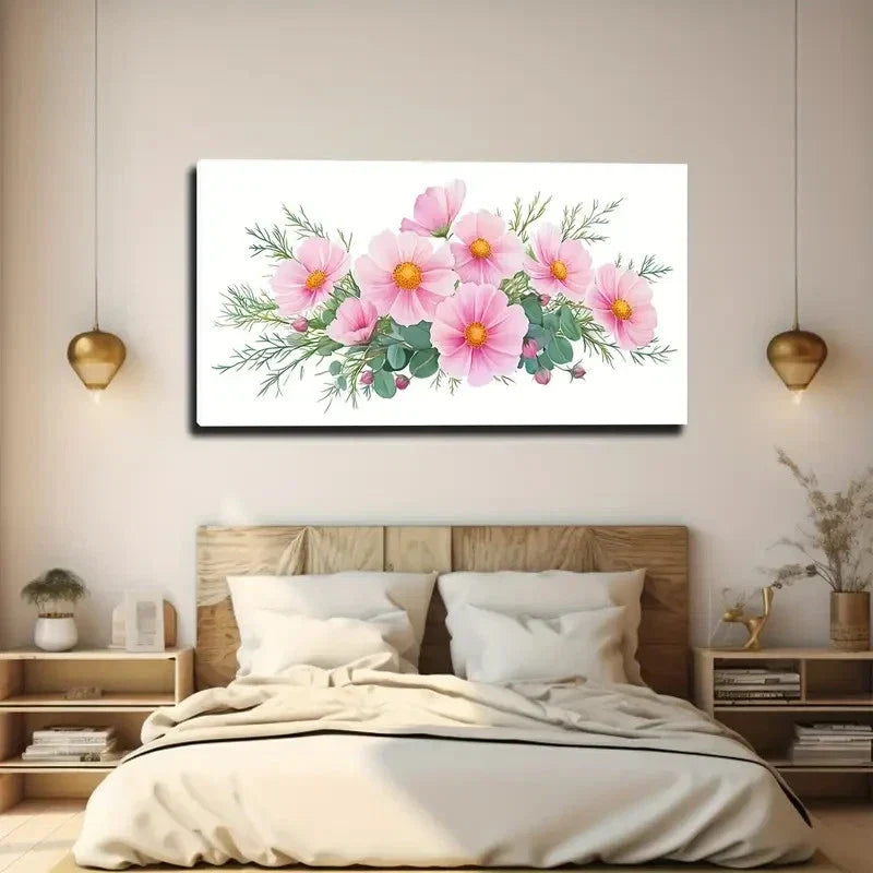 Pink Flowers & Green Leaves Wall Art Canvas Office Home Room Framed 120x60cm