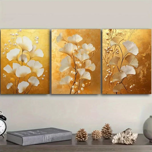 3pcs Ginkgo Leaves And Pearls Nature   Wall Art Set Canvas Framed 40x60cm - High Quality Print 100% Australian Made Wall Canvas Ready to Hang