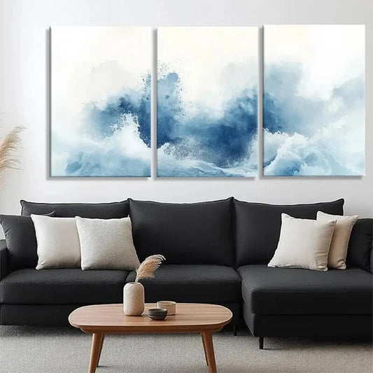 3pcs Abstract Watercolor Blue Waves Design Metal Print Ready to Hang Art