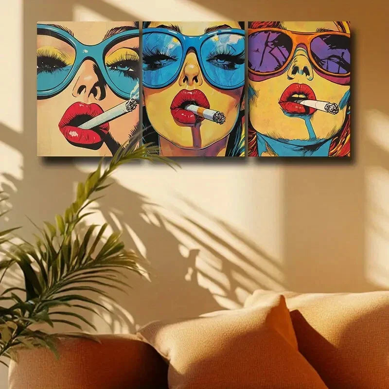 3pcs Vibrant Blue Glasses & Red Lips Metal Print Ready to Hang Art