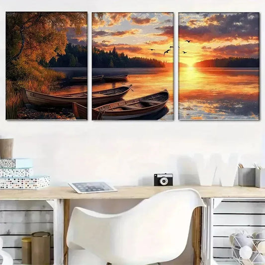 3pcss beautiful Serene Lakeside Sunset Nature Wall Art Set Canvas Framed 40x60cm - High Quality Print 100% Australian Made Wall Canvas Ready to Hang