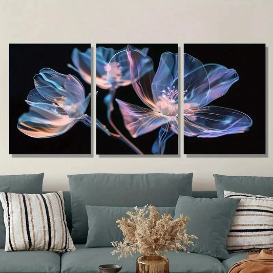 3pcs Vibrant Pink and Blue Crystal Flowers Metal Print Ready to Hang Art