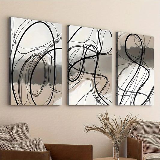 3pcs Black Swirls Gray Elegant Black Lines White Wall Art Set Canvas Framed 40x60cm - High Quality Print 100% Australian Made Wall Canvas Ready to Hang