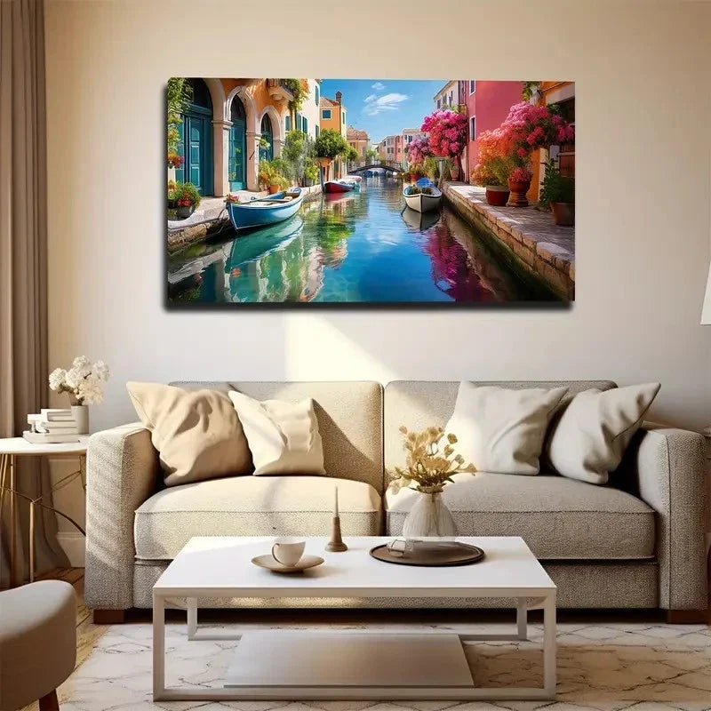 Water City Warm Small Boat Wall Art Canvas Office Home Room Framed 80x45cm