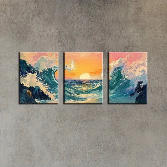 3pcs Seascape with Sunset, Waves & Rocky Shoreline Metal Print Ready to Hang Art