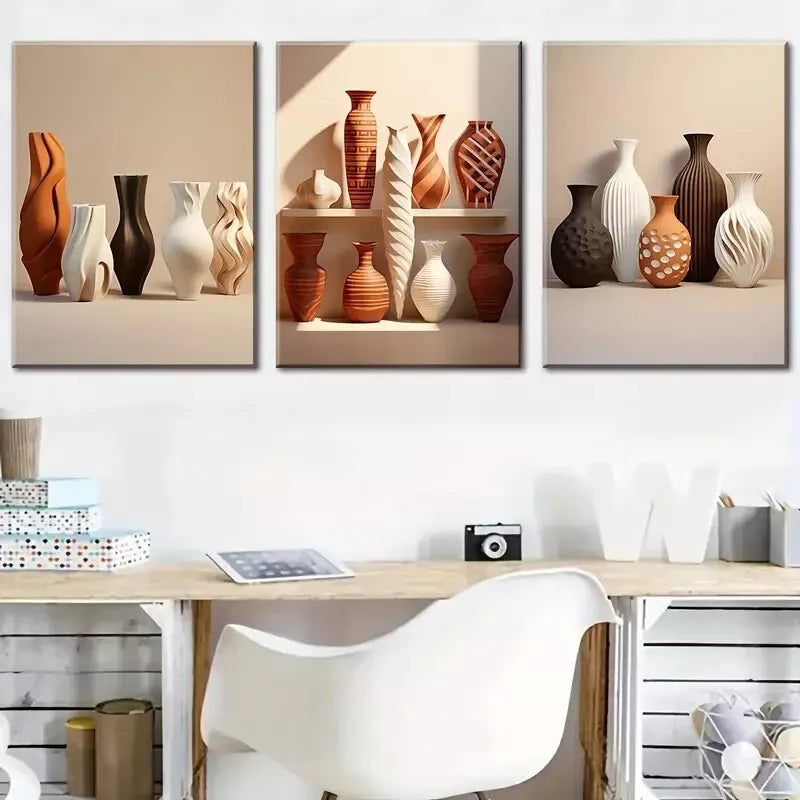 3pcs Featuring Solid Patterned Ceramic Bottle  Wall Art Set Canvas Framed 40x60cm - High Quality Print 100% Australian Made Wall Canvas Ready to Hang