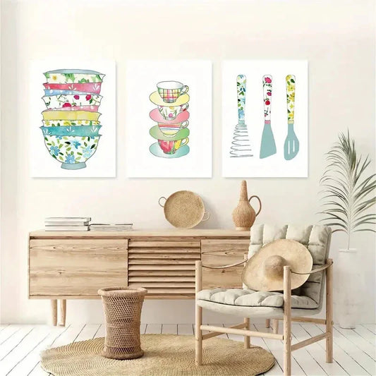 3pcs Nordic Textured Blue Utensils Metal Print Ready to Hang Art
