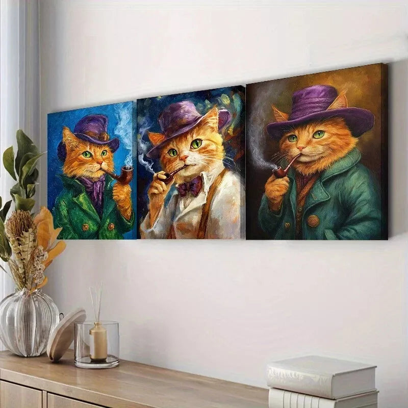3pcs  Featuring A Cat With A Pipe Orange Cat  Wall Art Set Canvas Framed 40x60cm - High Quality Print 100% Australian Made Wall Canvas Ready to Hang