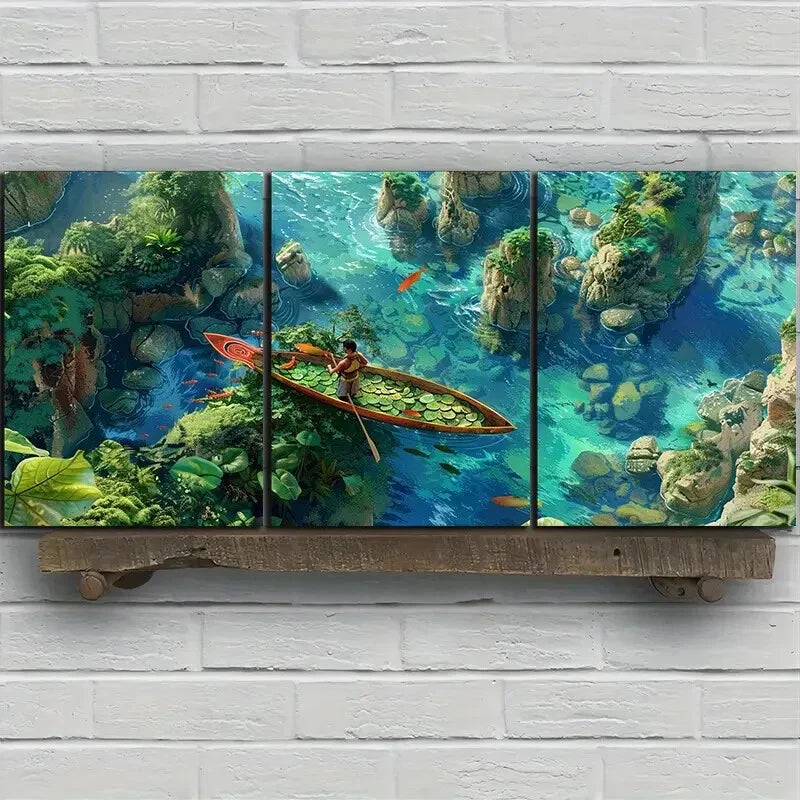 3pcs Tropical Boat and Lush Vegetation Metal Print Ready to Hang Art