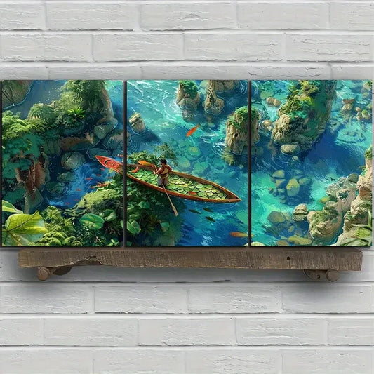 3pcs Tropical Boat and Lush Vegetation Metal Print Ready to Hang Art