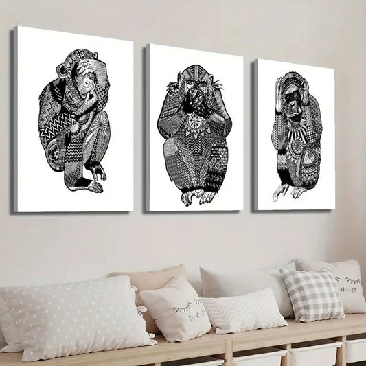 3pcs Three Little Wise Monkeys Wall Art Set Canvas Framed 40x60cm - High Quality Print 100% Australian Made Wall Canvas Ready to Hang