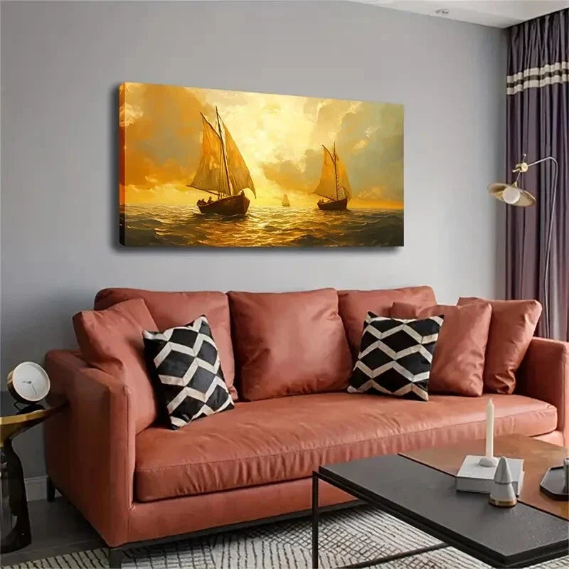 Sailboats At Sea Yellow Sunset Wall Art Canvas Office Home Room Framed 120x60cm