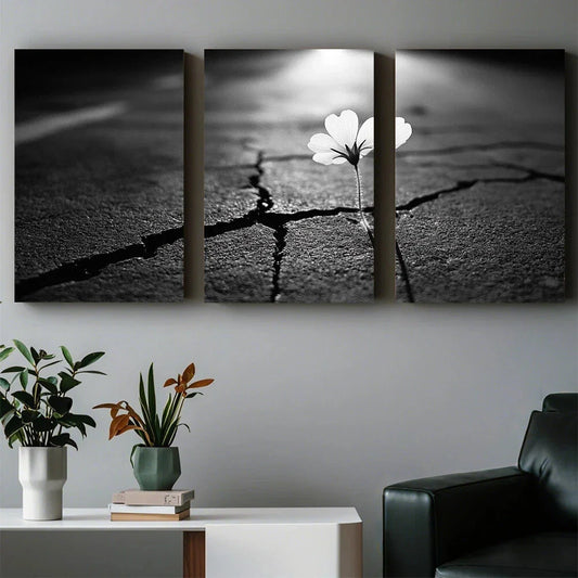 3pcs Flowers in Floor Cracks Luxury Metal Print Ready to Hang Art