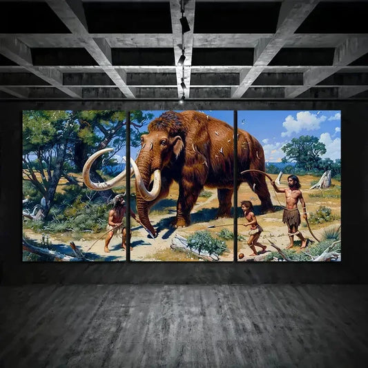 3pcs Ancient Human And Mammoth Hunting Scenes Metal Print Ready to Hang Art
