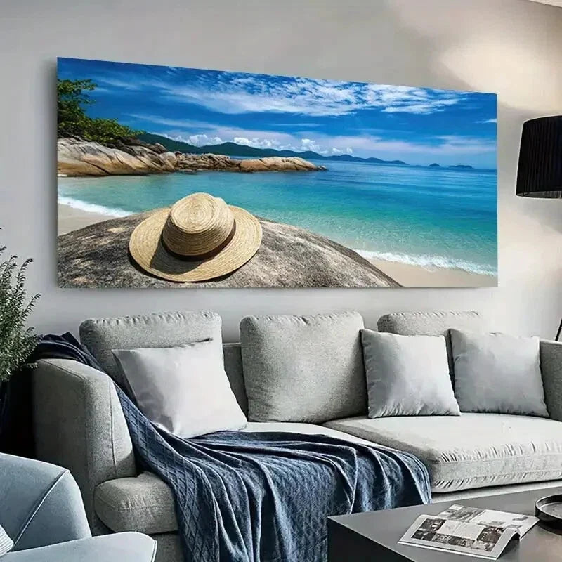 Vibrant Beach Hat Coastal wall canvas office home room framed 120x60cm