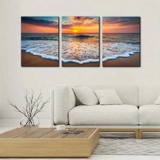 3pcs Sunrise Ocean Waves Scenery Beach Metal Print Ready to Hang Art
