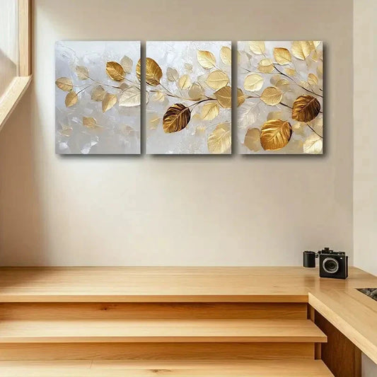 3pcs Modern & Contemporary Style Golden Leaf Metal Print Ready to Hang Art