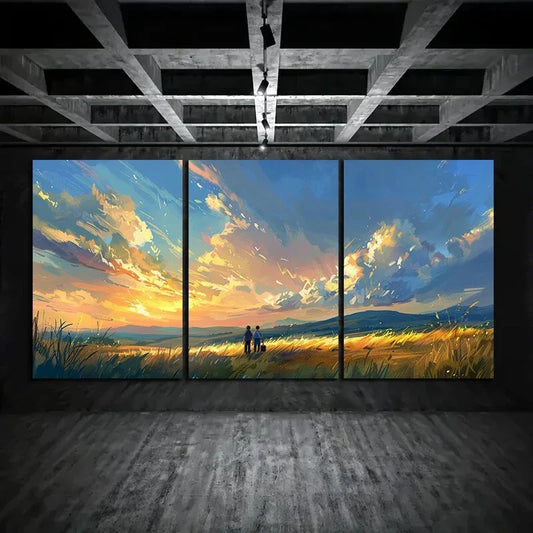 3pcs Oil Painting Under The Sunset Metal Print Ready to Hang Art