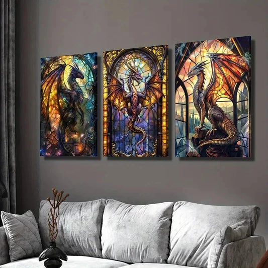 3pcs Science Fiction Dragon Illustrations Wall Art Set Canvas Framed 40x60cm - High Quality Print 100% Australian Made Wall Canvas Ready to Hang