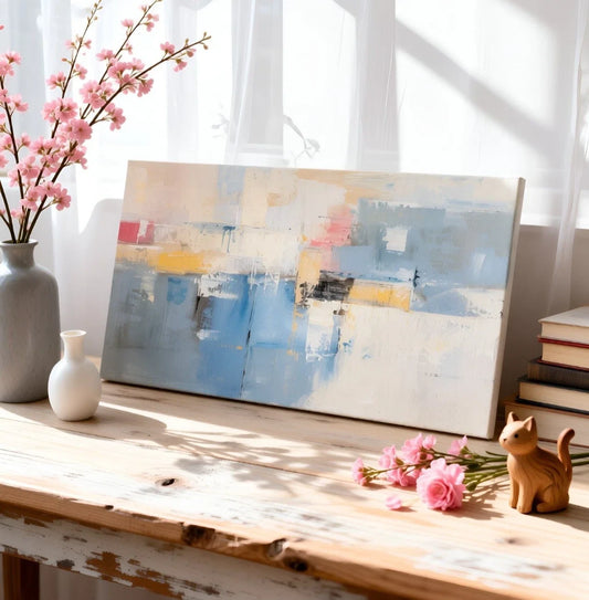 Soft Blue and Pastel Abstract Paint Wall Art Canvas Office Home Framed 80x45cm