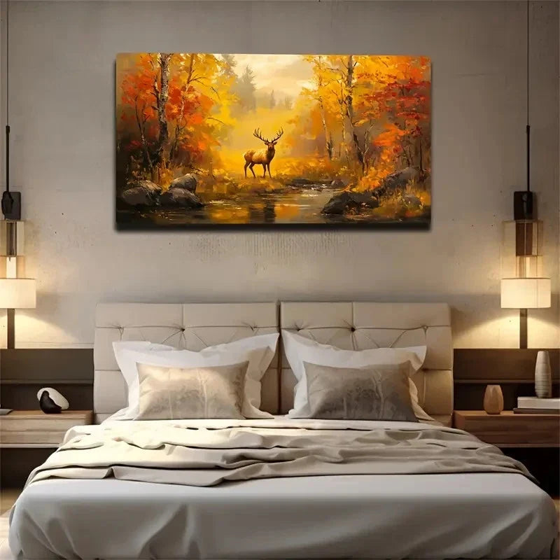 Bohemian Autumn Elk Landscape Wall Art Canvas Office Home Room Framed 80x45cm