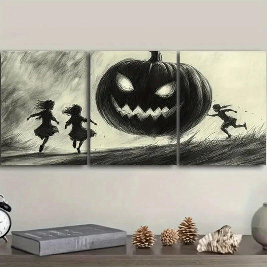 3pcs Giant Pumpkins and Kids Art Deco Metal Print Ready to Hang Art