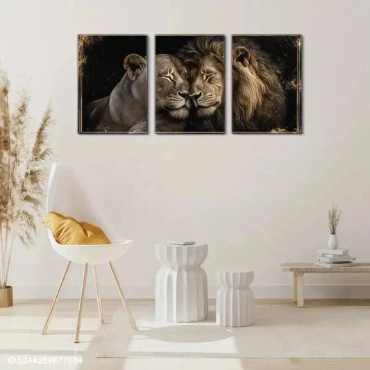 3pcs Modern Love Lion Couple Print Romantic Mural Metal Print Ready to Hang Art
