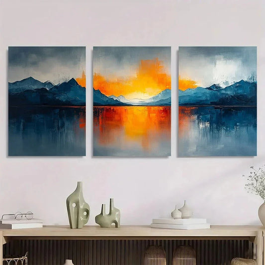 3pcs Abstract Oil Painting Blue Orange Gray Metal Print Ready to Hang Art