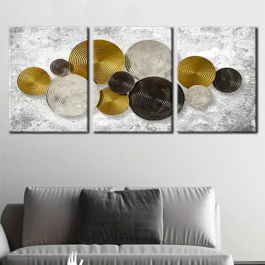 3pcs Golden & Black Geometric Patterns  Metal Print Ready to Hang Art