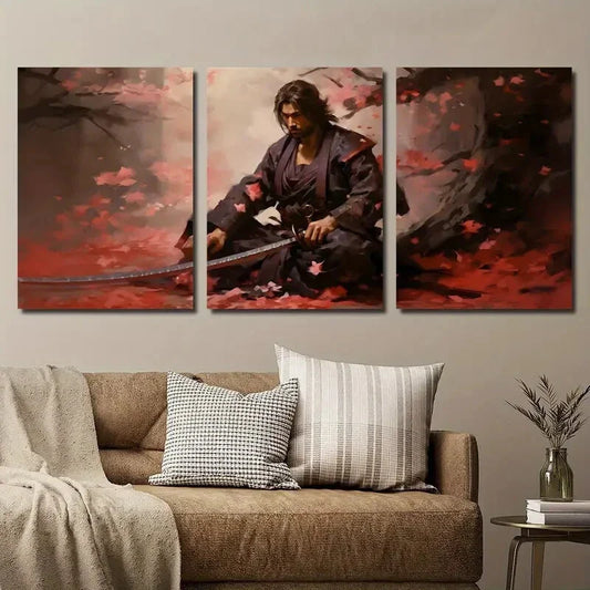 3pcs Abstract Samurai Cherry Blossom Garden Metal Print Ready to Hang Art