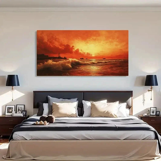 Sunset Beach Waves & Red Sky Wall Art Canvas Office Home Room Framed 80x45cm