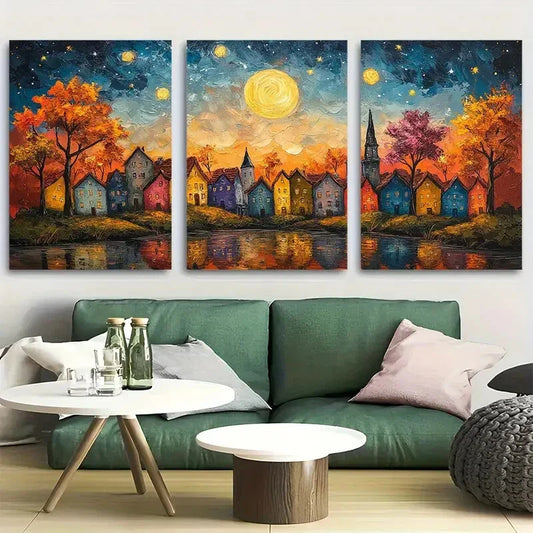 3pcs Colorful Bavarian Town Starry Night Sky Metal Print Ready to Hang Art