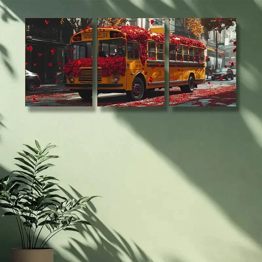 3pcs School bus, rose Art Painting Metal Print Ready to Hang Art