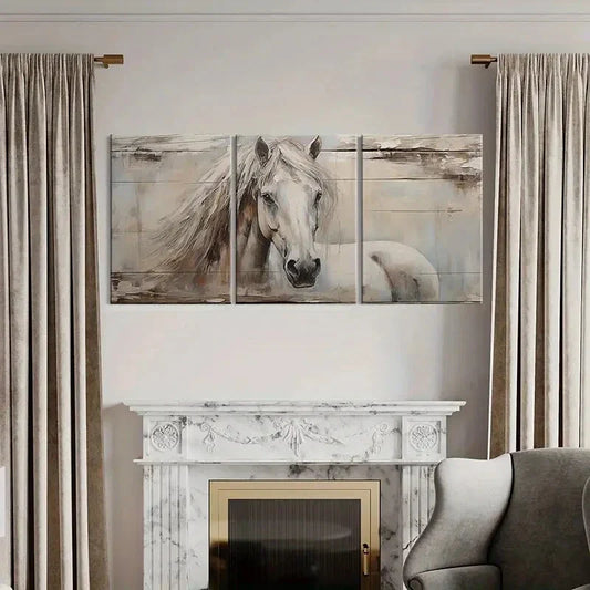 3pcs Vintage White Horse Metal Print Ready to Hang Art