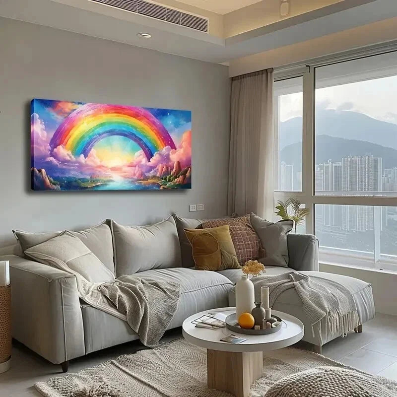 Vibrant Rainbow And Clouds Wall Art Canvas Office Home Room Framed 120x60cm