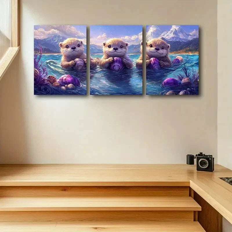 3pcs Three Lovely Otters Metal Print Ready to Hang Art