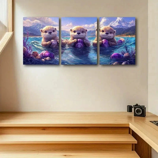 3pcs Three Lovely Otters Metal Print Ready to Hang Art