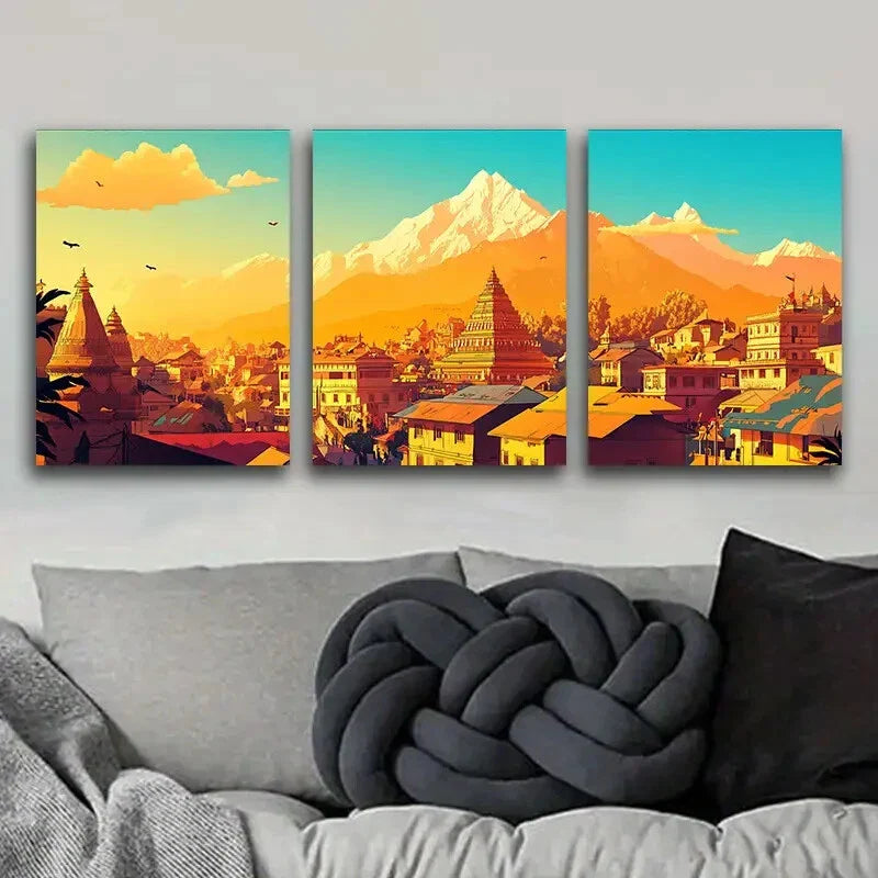 3pcs The city of Nuwakot Art Painting Metal Print Ready to Hang Art